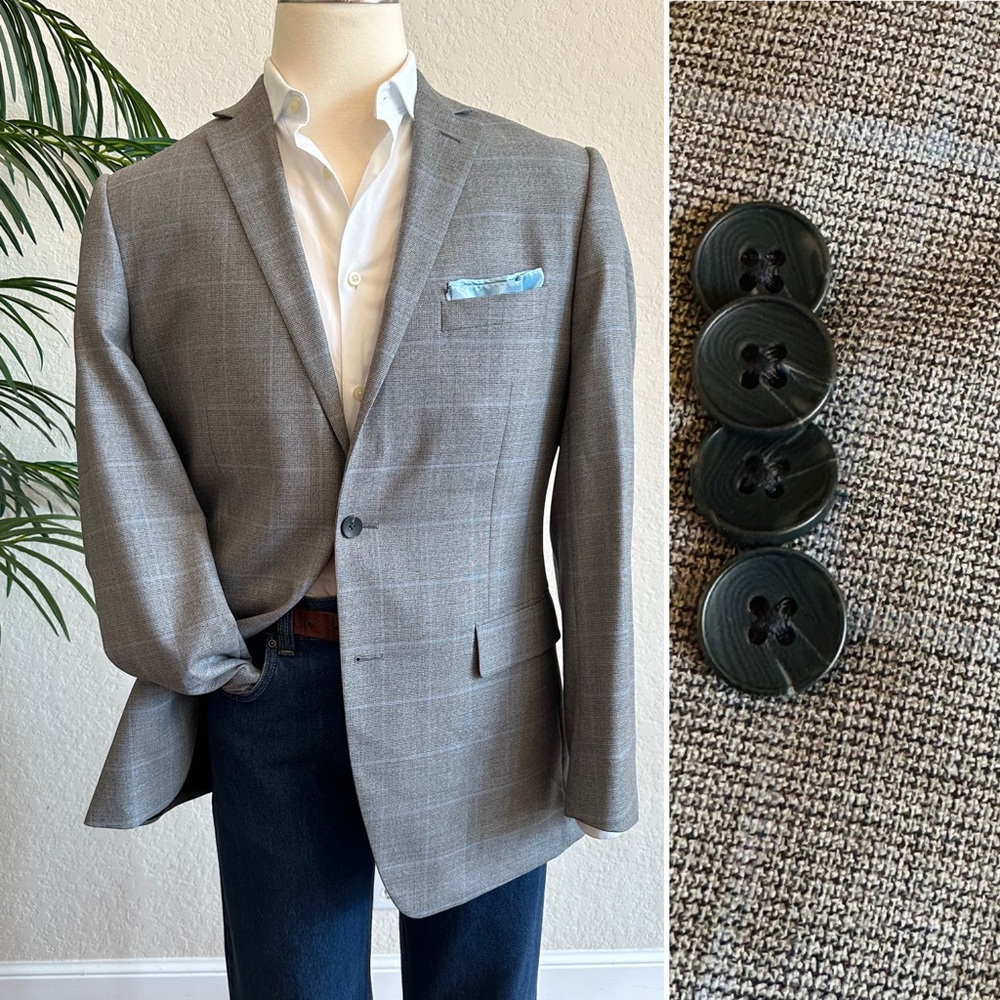 MENS BLAZER SIZE 42L LONG TALL SPORT COAT GRAY WINDOWPANE WOOL SUIT JACKET
